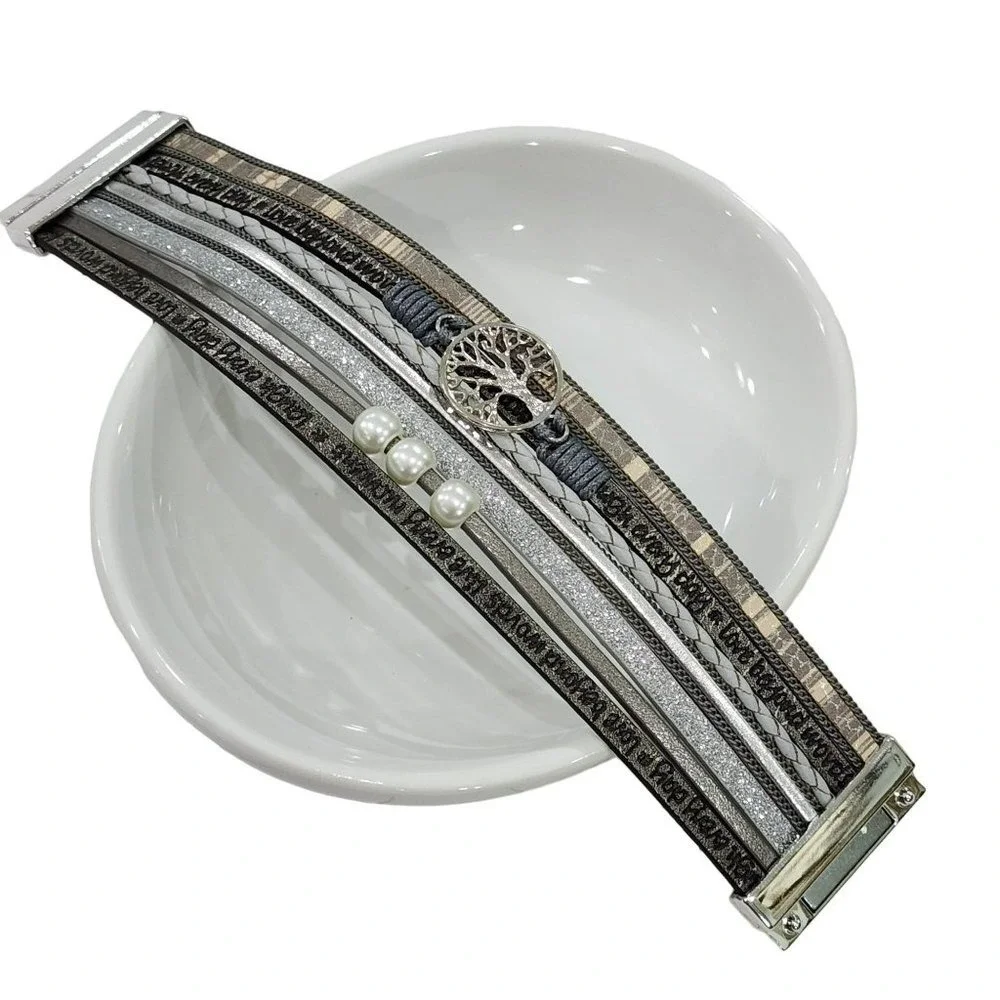 Multilayer Leather‎ Bangle Magnetic Clasp Bracelet for Men or Women 7.5in Silver